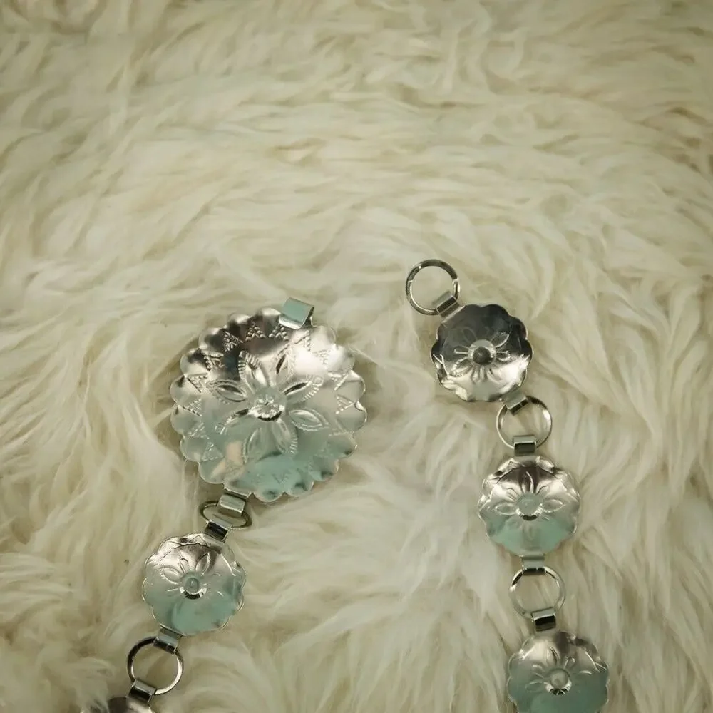 Silver Tone Carved Etched Metal Turquoise Cabochon Chain Southwest Style Belt